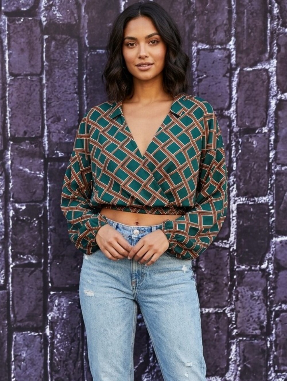 Forever 21 Teal and Brown Geometric Wrap Cropped Blouse NWT Size XL